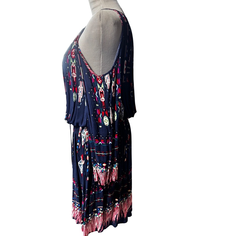 Denimland Tribal Geometric Cold Shoulder Dress Womens Navy Blue Boho Mini